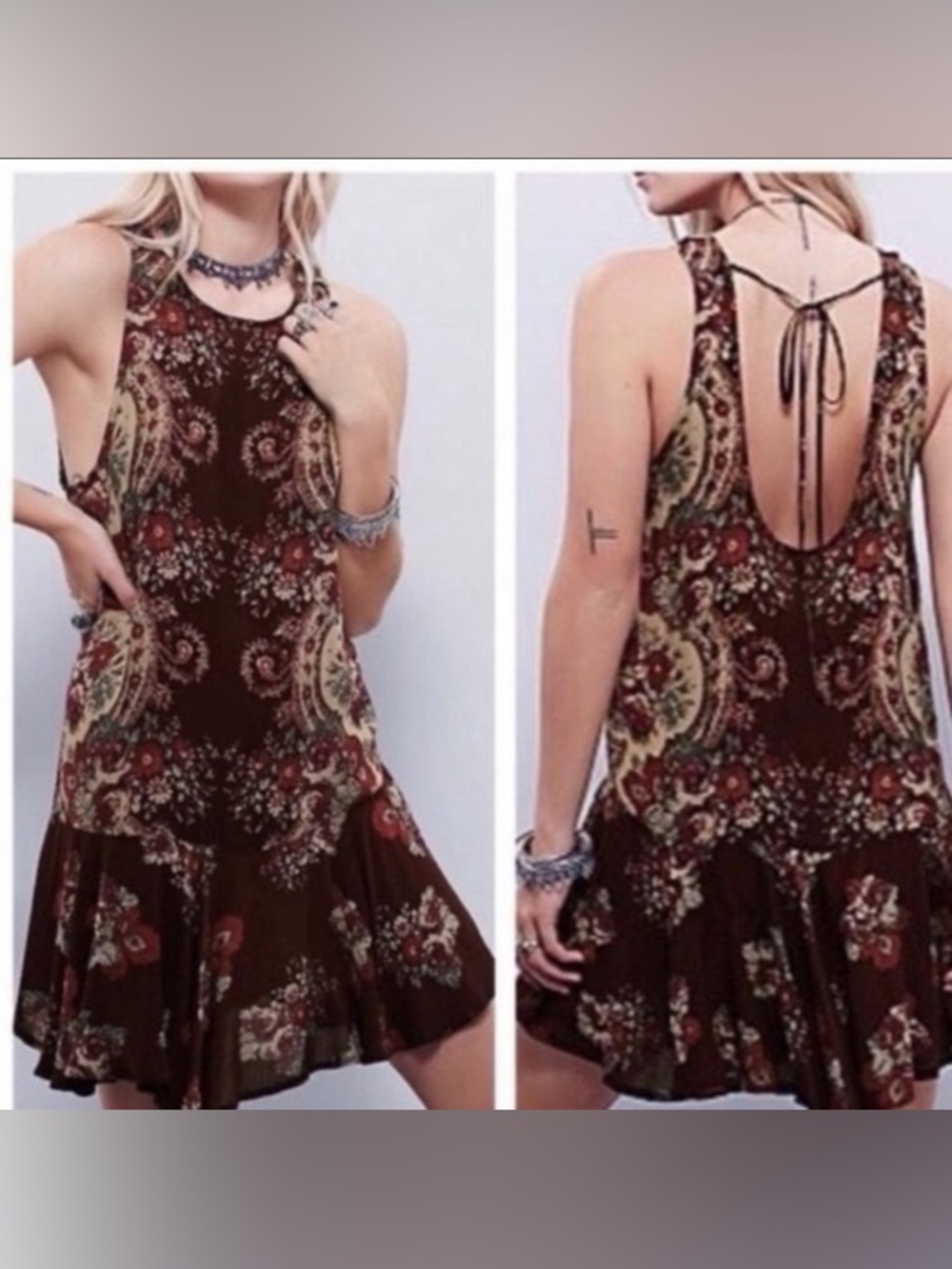 Free People dobby dot flouncy Burgundy Paisley Boho layering slip Mini Dress